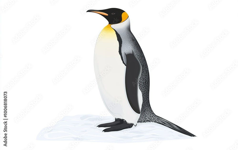 Naklejka premium A majestic emperor penguin standing on a snowy landscape under a bright sky in Antarctica, showcasing its iconic black and white feathers