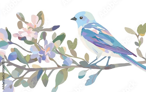 A delicate bluebird perched on a colorful branch amidst blooming flowers, capturing the serene essence of nature's beauty in spring