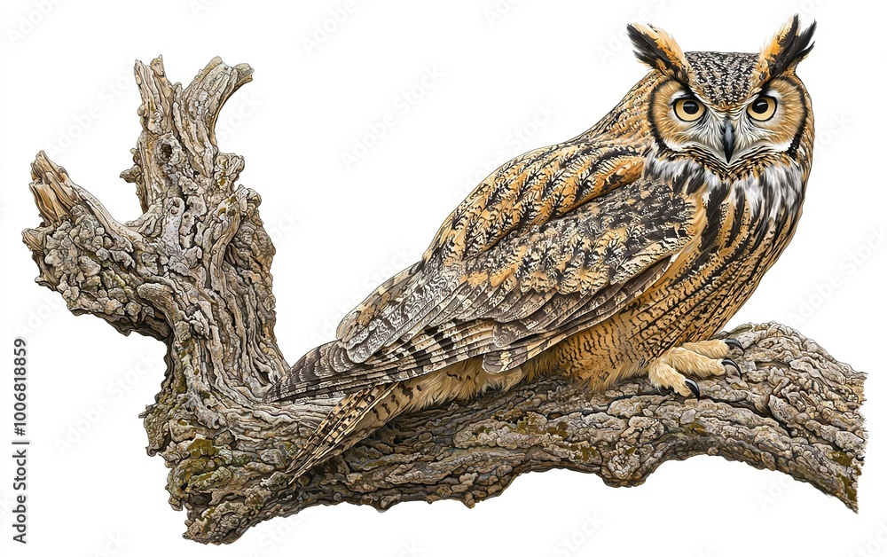 Majestic owl perched on a gnarled branch, observing its surroundings in serene woodland tranquility Majestic owl perched on a gnarled branch, observing its surroundings in serene woodland tranquility