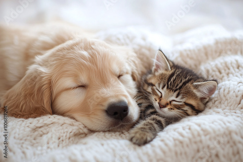 Golden Retriever Puppy Sleeping Next to a Kitten, Lying Together, Pet Bond, Friendship and Companionship, Dog and Cat Friends