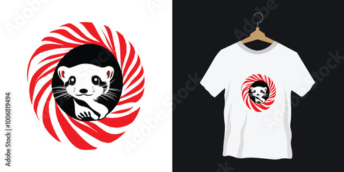 T-shirt logo of a ferret poking its head out of a tunnel or tube