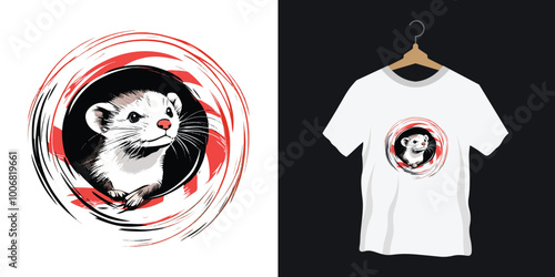 T-shirt logo of a ferret poking its head out of a tunnel or tube