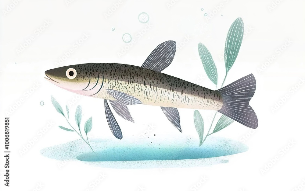 A graceful fish swimming through serene waters surrounded by gentle aquatic plants A graceful fish swimming through serene waters surrounded by gentle aquatic plants