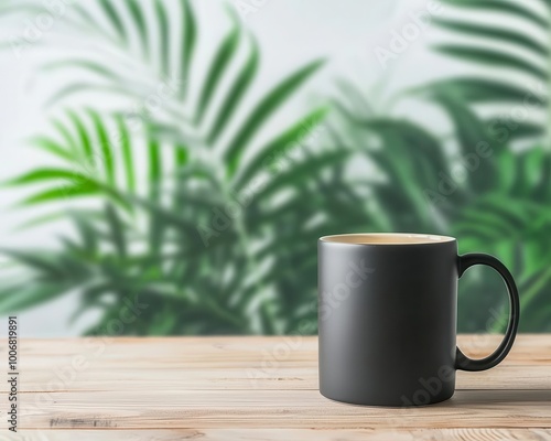 Minimalist coffee mug on rustic wooden table with blurred interior ambiance and lush green plant in the background