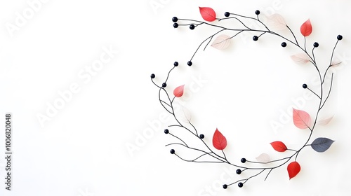 Elegant floral wreath with red, black, and white leaves on a minimalist background.