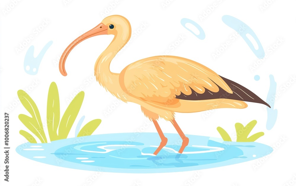 Obraz premium An elegant ibis wades gracefully through tranquil waters surrounded by lush greenery in a serene nature setting