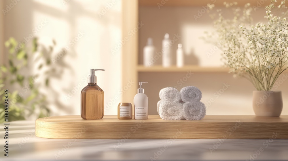 Wooden podium for bathing and spa products in defocused bathroom : Generative AI Wooden podium for bathing and spa products in defocused bathroom : Generative AI