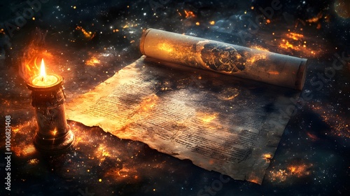 Ancient prophecy on an old scroll surrounded by magical