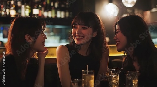 Japanese Very beatiful ladies are talking with friends at Jazz bar