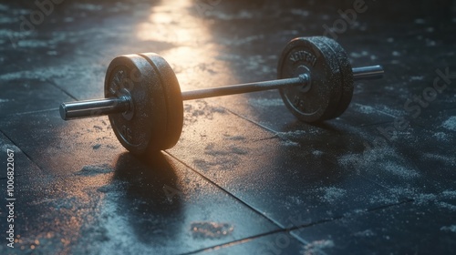 A barbell dusted in chalk lays on a gym floor, emphasizing the gritty, raw nature of strength training and dedication in a dramatic light.