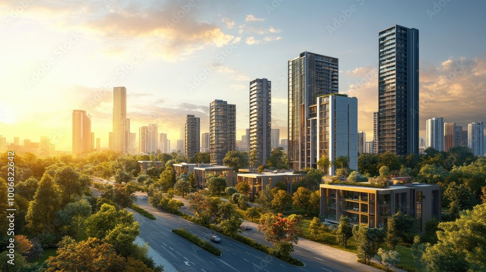 Obraz premium A mix of tall modern buildings in the city with lush green space and a road in front, highlighting the balance between architecture and environment.
