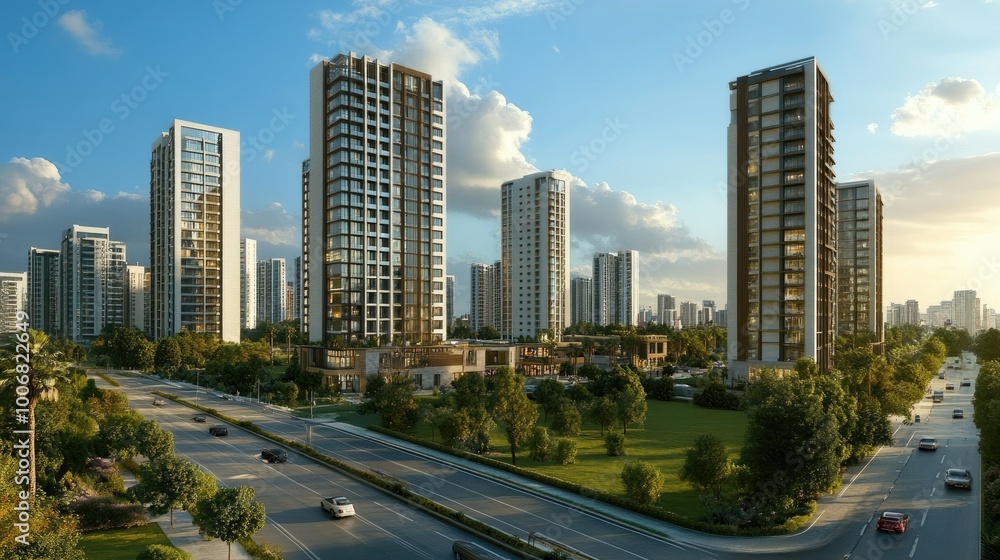 A mix of tall modern buildings in the city with lush green space and a road in front, highlighting the balance between architecture and environment. A mix of tall modern buildings in the city with lush green space and a road in front, highlighting the balance between architecture and environment.