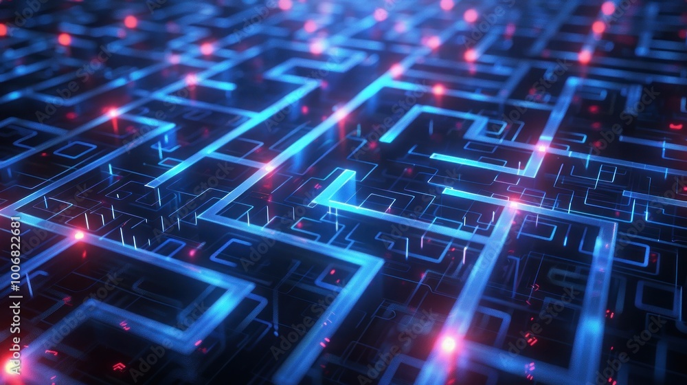 A maze-like illustration of data flow with complex pathways and glowing nodes. Conveying the intricacies of business technology, education platforms, and software solutions, ideal for reports A maze-like illustration of data flow with complex pathways and glowing nodes. Conveying the intricacies of business technology, education platforms, and software solutions, ideal for reports