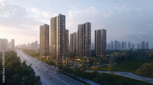 A row of tall city buildings stands against a backdrop of green space and a road, highlighting a harmonious urban-nature interface.