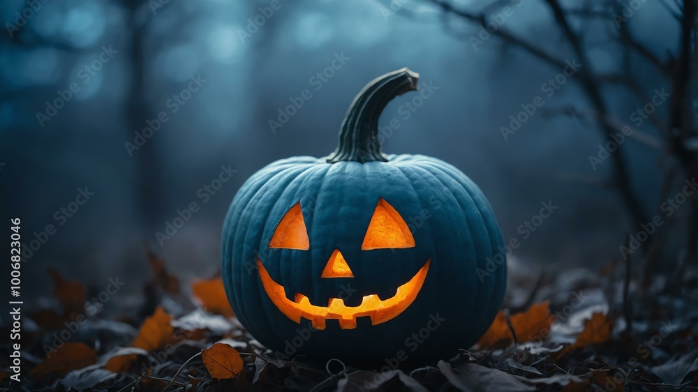 Naklejka premium abstract eerie glowing blue closeup of a Halloween pumpkin on misty background, bokeh background