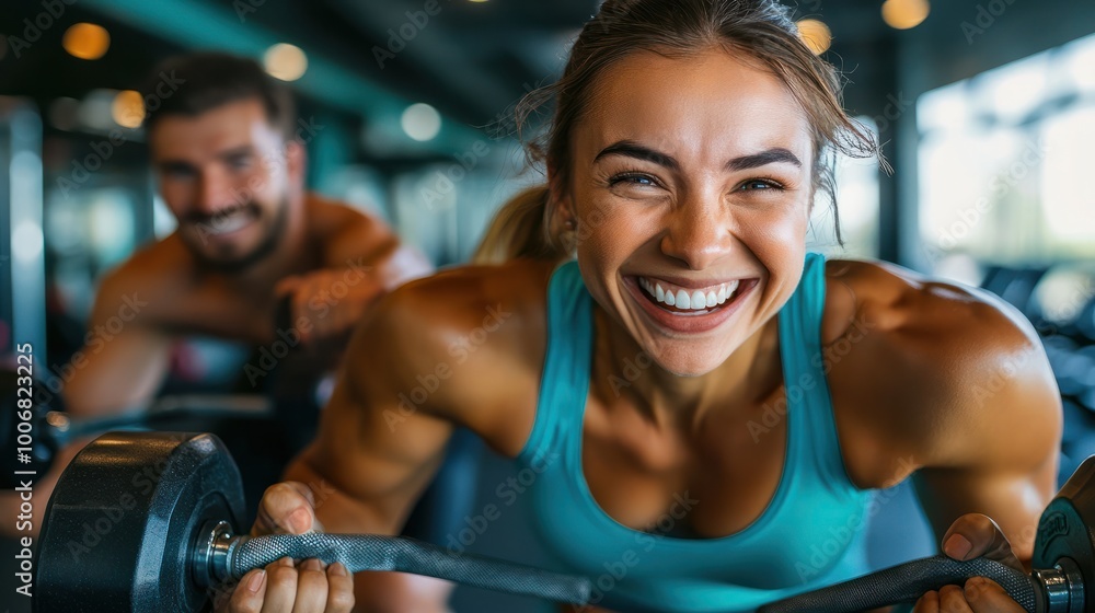 Obraz premium A close-up shot of a happy athletic couple exercising with hand weights in a lunge position at the gym, their faces showing determination and joy, with the blurred background of gym equipment