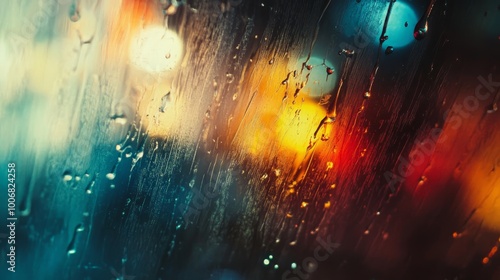 Raindrops gently trickle down a window, with blurred city lights in the background, invoking feelings of melancholy and peace. photo