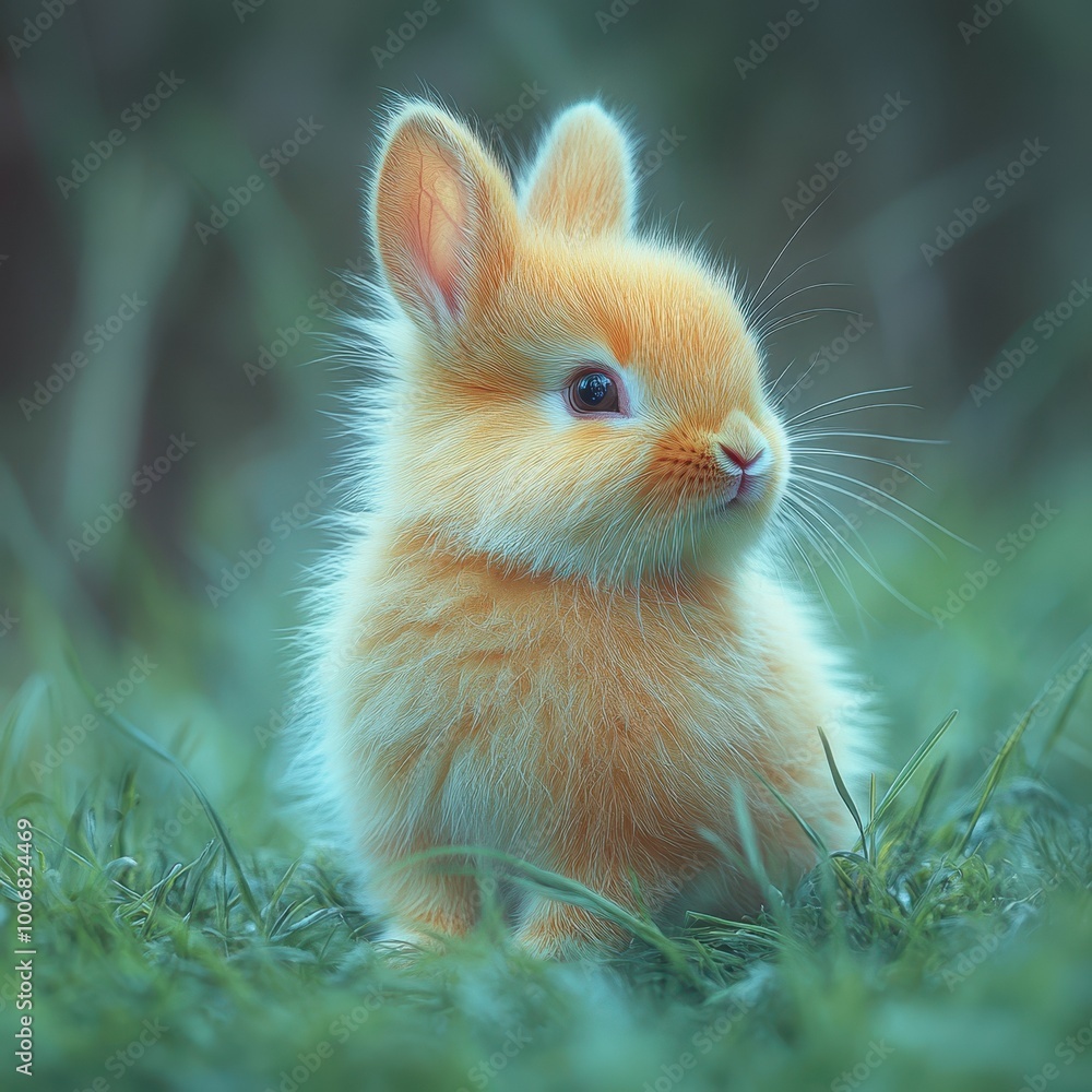 Adorable fluffy baby rabbit sitting in a field of grass, with a soft ...