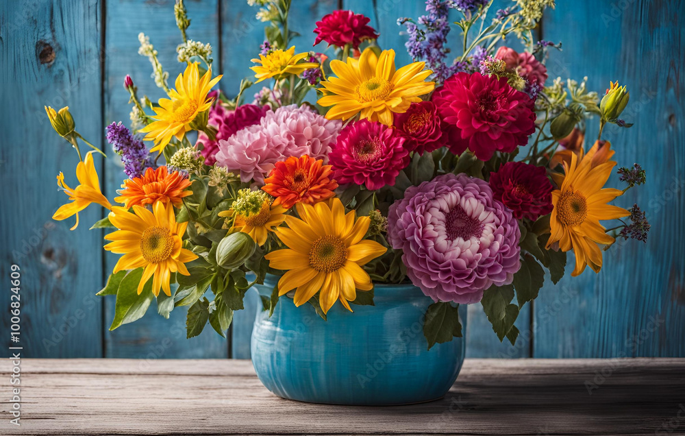 A vase of colorful flowers is on a table. Garden flowers over wooden background stock photo Springtime, A vase of flowers on a table against a blue bokeh background
A vase of colorful flowers is on a table. Garden flowers over wooden background stock photo Springtime, A vase of flowers on a table against a blue bokeh background