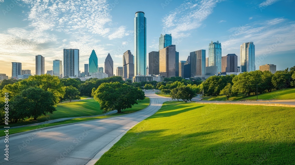 City skyline with tall skyscrapers, a road, and a green park in the foreground, illustrating the integration of modern architecture with nature. City skyline with tall skyscrapers, a road, and a green park in the foreground, illustrating the integration of modern architecture with nature.