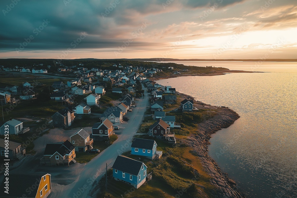 Aerial View of a Coastal Village at Sunset