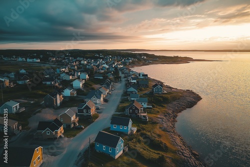 Obraz na płótnie Aerial View of a Coastal Village at Sunset w salonie