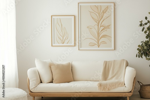 Obraz na płótnie Serene Interior Decor with Botanical Art w salonie