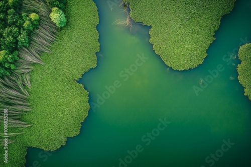 Obraz na płótnie Aerial View of a Vibrant Waterbody Intersected by Lush Greenery w salonie