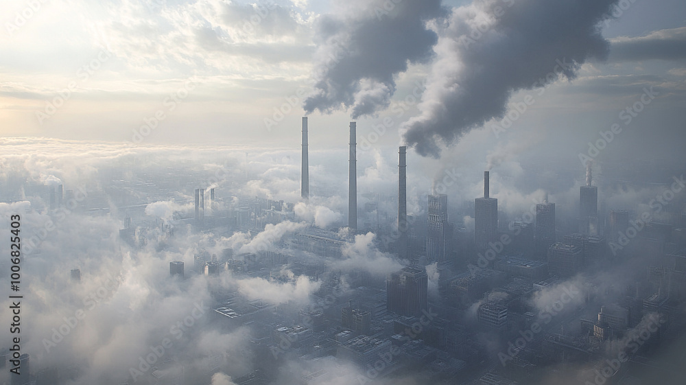 Foggy air pollution with industrial chimneys and smoke