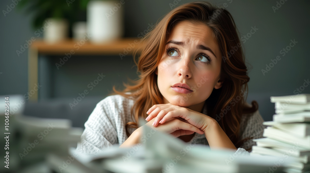 Woman Appearing Confused Facing a Mountain of Unpaid Bills Representing Financial Burden Woman Appearing Confused Facing a Mountain of Unpaid Bills Representing Financial Burden