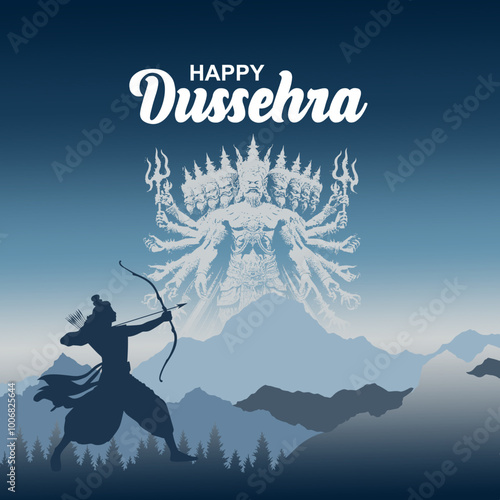 Happy Dussehra festival of India.Lord Rama killing Ravana. 