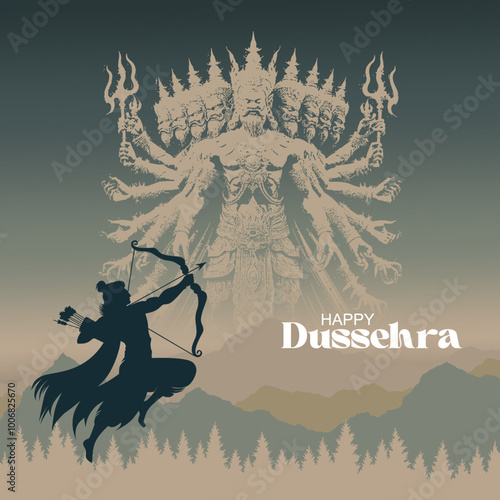 Happy Dussehra festival of India.Lord Rama killing Ravana. 