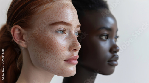 Two young women, one with fair skin and freckles and another with dark skin. Generative AI.