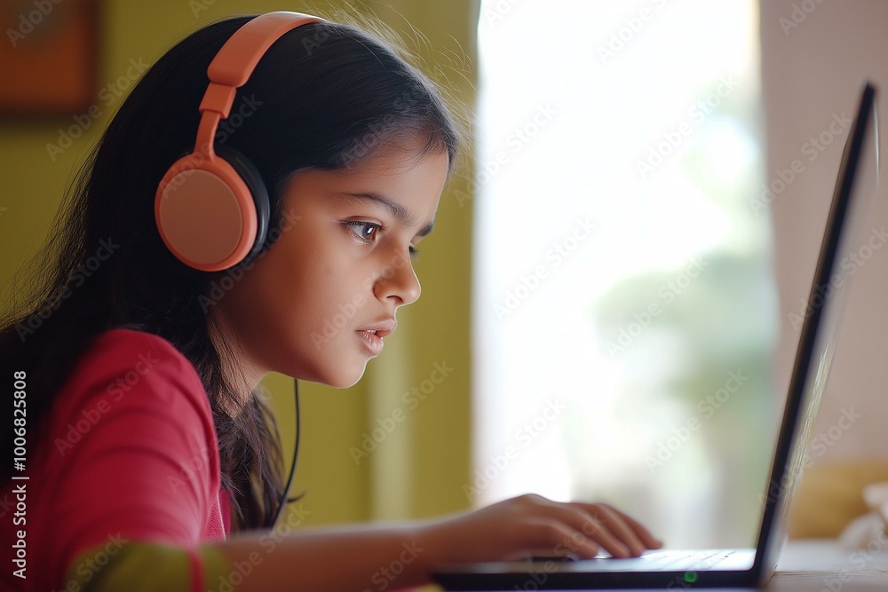 Engrossed Young Girl Using Laptop with Headphones