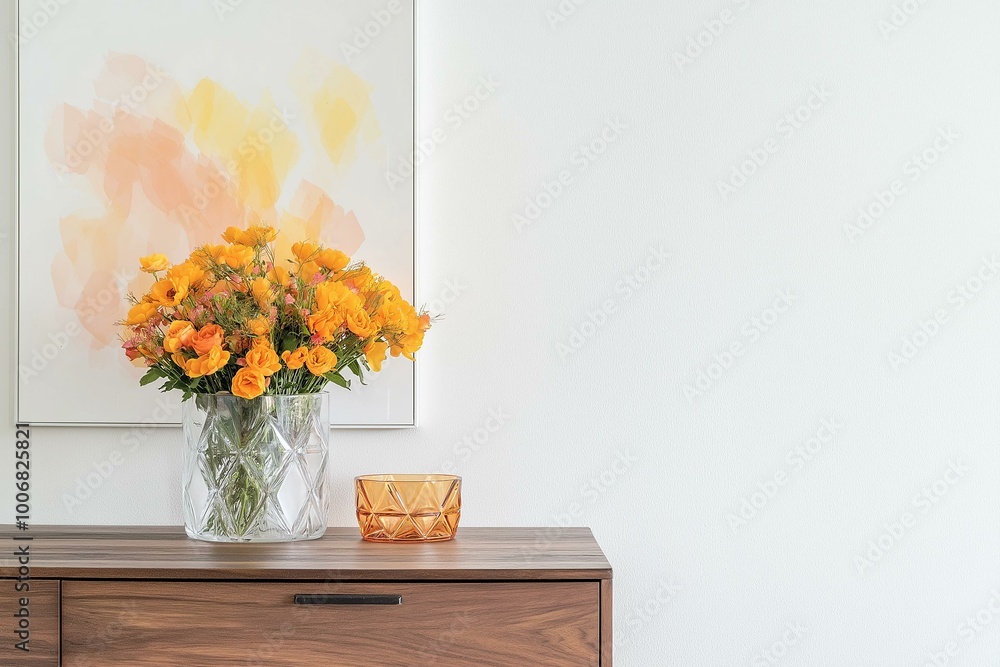 Artistic Composition Featuring Bright Orange Flowers in a Crystal Vase