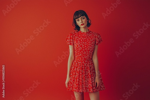 Obraz na płótnie Striking Portrait of a Young Woman in a Vibrant Red Floral Dress w salonie