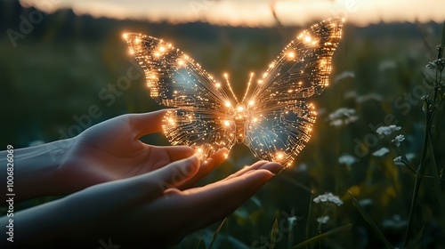Human hands gently holding a digital butterfly, its wings made of glowing circuits, flying over a serene meadow, blending technology with nature