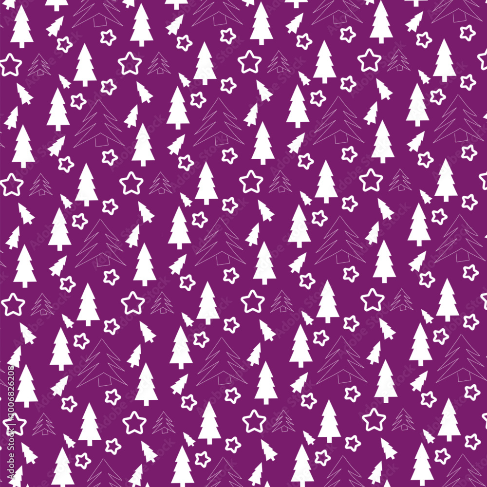 Obraz premium Vector Christmas background with repeating pattern. Christmas trees, texture, background. Christmas seamless background. White Christmas trees on a purple background.