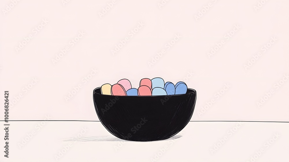 A colorful bowl of pastel candies on a minimalist background. A colorful bowl of pastel candies on a minimalist background.