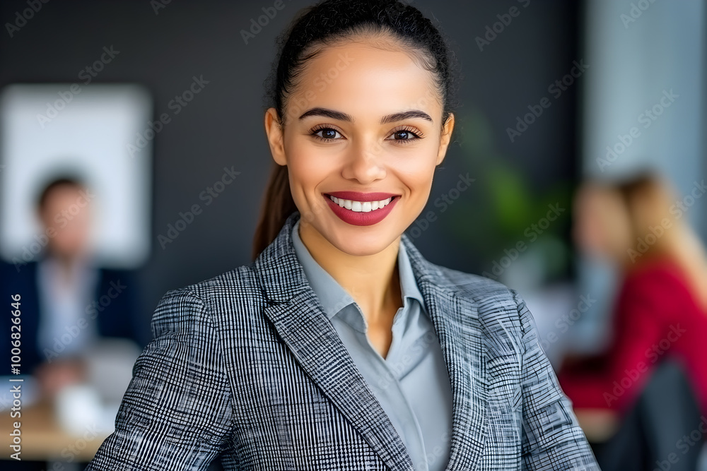 Professional Hispanic businesswoman in gray blazer discussing strategy with colleagues in a corporate boardroom. Business, leadership, startup concept. Professional Hispanic businesswoman in gray blazer discussing strategy with colleagues in a corporate boardroom. Business, leadership, startup concept.