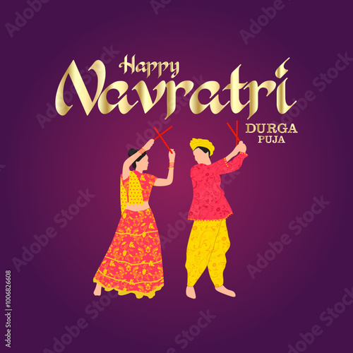 Happy Navratri typography Durga puja celebration for Indian festival Dussehra. 