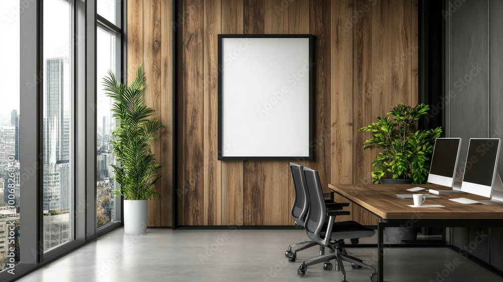 Contemporary office with a framed poster on a wooden accent wall, spacious windows allowing natural light, and clean desk setups. Modern workspace design. Contemporary office with a framed poster on a wooden accent wall, spacious windows allowing natural light, and clean desk setups. Modern workspace design.