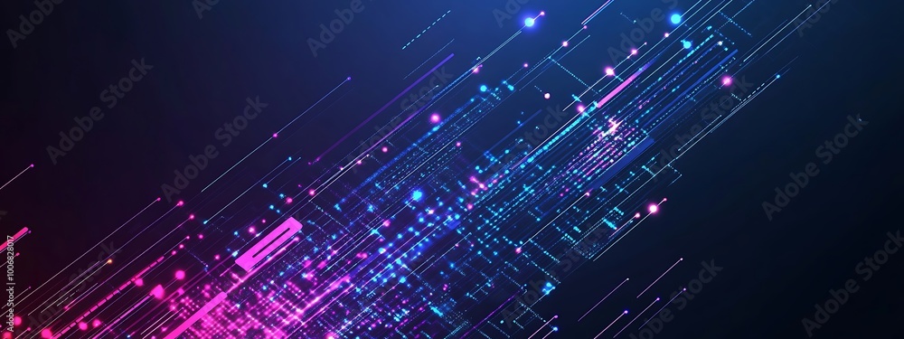 Obraz premium Abstract digital background with pink and blue lines and glowing dots.