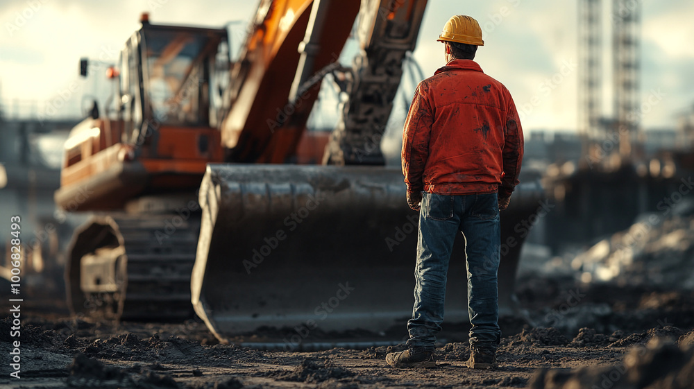 a construction worker stand on the ground with an excavator a construction worker stand on the ground with an excavator