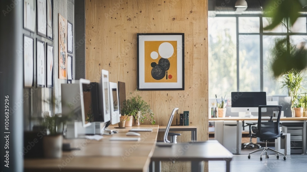 Framed artwork on a wooden wall in a modern office, expansive windows filling the space with light, minimalist desk setups creating an open, airy environment. Framed artwork on a wooden wall in a modern office, expansive windows filling the space with light, minimalist desk setups creating an open, airy environment.