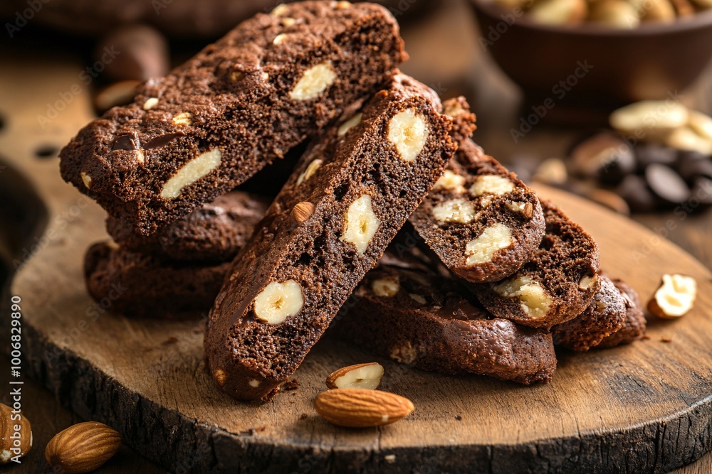 Chocolate Hazelnut Biscotti Cookies on Rustic Wooden Board Chocolate Hazelnut Biscotti Cookies on Rustic Wooden Board