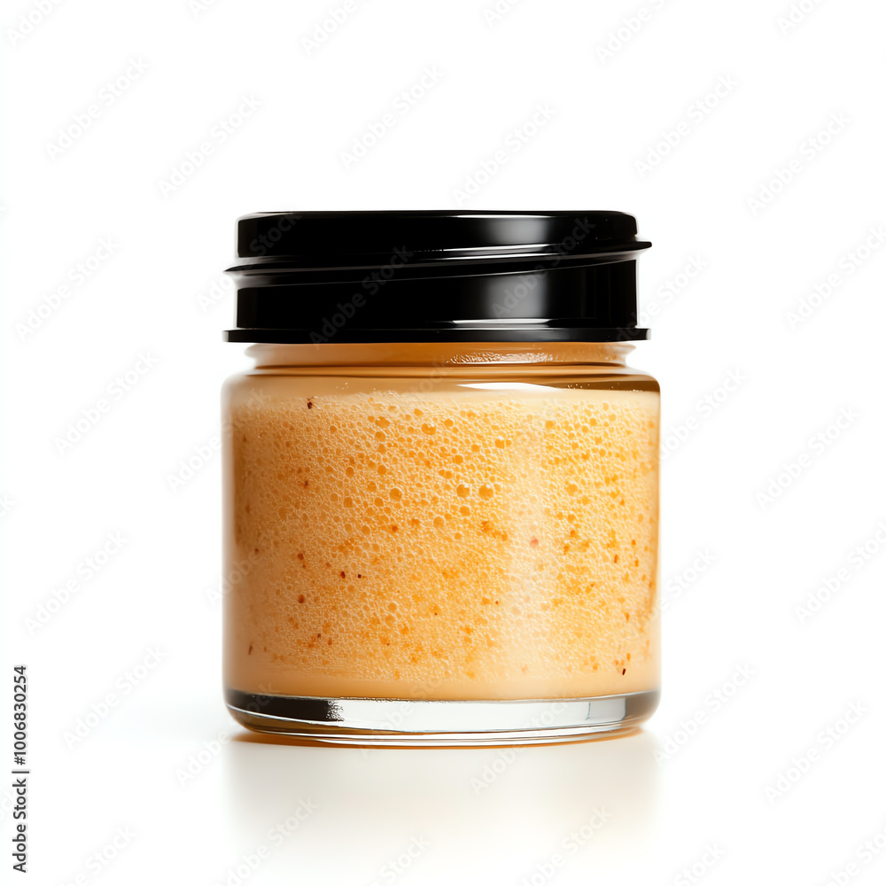 A jar of creamy orange sauce, isolated on a white background. A jar of creamy orange sauce, isolated on a white background.