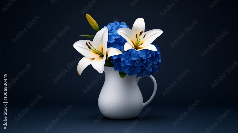 Serene Still Life: White Pitcher with Lilies and Hydrangeas Serene Still Life: White Pitcher with Lilies and Hydrangeas
