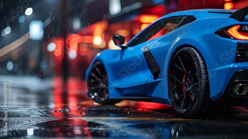 An blue C8 Corvette with black, concave, wide, linear, strong, dynamic design custom forged wheels