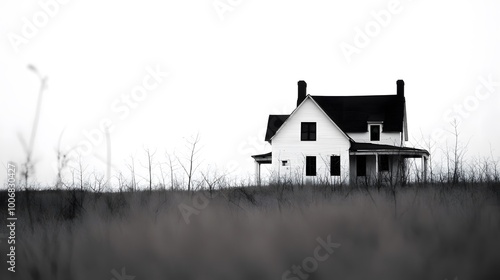 A solitary white farmhouse stands amid barren landscape, evoking a sense of isolation.